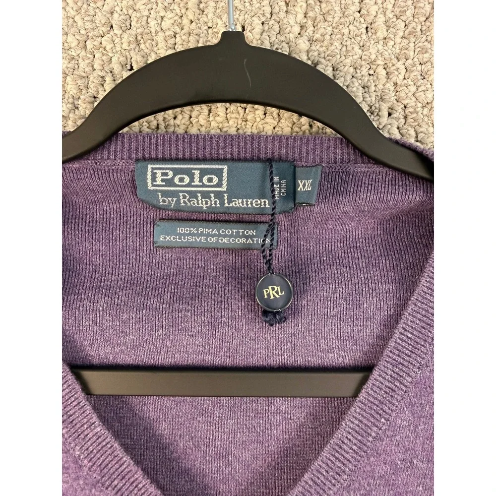 Polo Ralph Lauren V-Neck Sweater XXL Purple Pima Cotton Pony Logo Pullover Mens